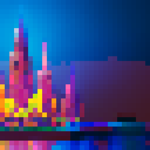technological ziggurat with towering spires, shimmering in neon hues, surrounded by frozen waters reflecting the pixel art skyline