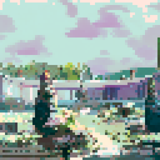 a majestic castle on a hill over a mini bus rank and purple jacaranda trees with tiny people 
