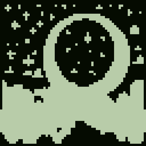 moon in cloudy night sky interesting dithering patterns and stars pixel art 2-bit
