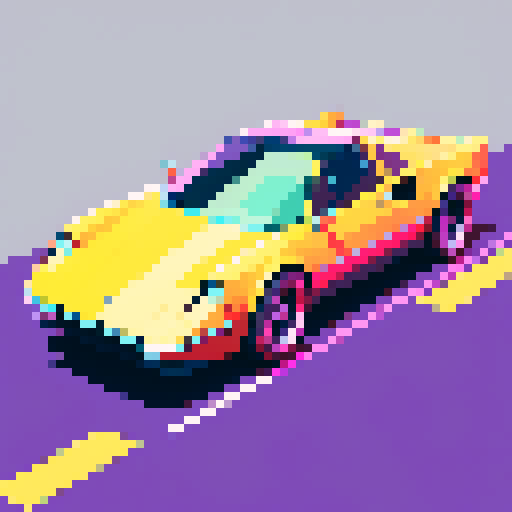 yellow sport car, sleek lines, vibrant colors, retro aesthetic, low-poly design, sharp edges, pixelated details, bold shadows, glossy finish, dynamic angles, speed lines, chromatic aberration, dithered textures, 8-bit graphics, vibrant sRGB palette, nostalgic vibes
