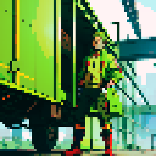 A young warehouse worker, wearing a light green color jacket, safety boots, and gloves. He works for Amazon Germany 