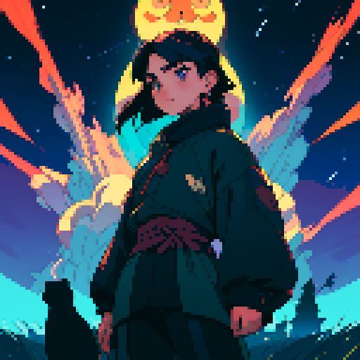 This pixel art image is dominated by a cute bear with an interesting look. Cute stars are painted on his muzzle, which is a mosaic of sharp contrasts and intricate patterns. The whole scene is reminiscent of the retro anime Ergo Proxy. The scene radiates a mysterious night atmosphere, with the bear standing close to the camera as the main character. He is covered with an interesting garment and stars