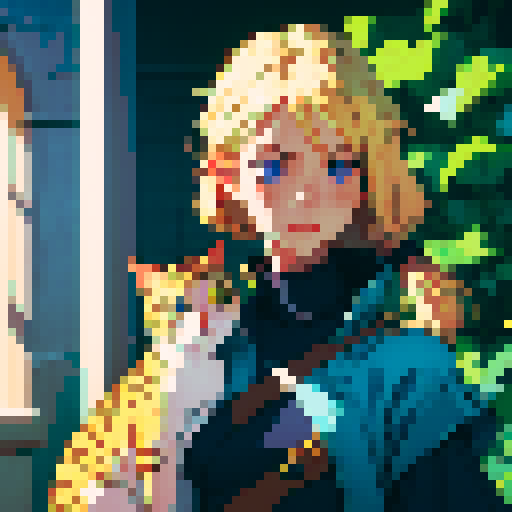 Blonde girl with cat on her shoulder