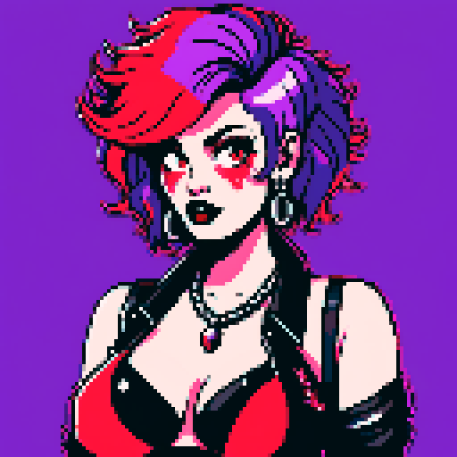 curvy, cute, busty greaser goth girl, with purple hair, black eyeshadow, red lipstick. Very busty wearing bikini, studded collar. Posing in a sexy seductive glamour shot, whole head portrait, avatar photo. vibrant sRGB colors, pixel art, edgy aesthetic