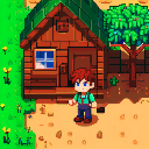Stardew valley style, main character sprite, 32 pixel high x 16 pixels wide, brown hair, blue eyes, front view, side, view, rear view, and walking animation positions in all directions. High detail