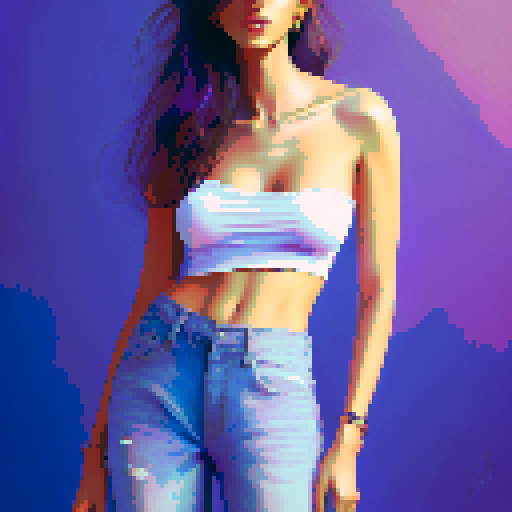 beautiful Latina young woman, bobcut, strapless shirt, jeans, high heels, beach, smile