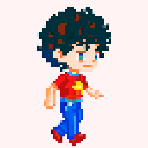Boy with curly brown hair, vibrant blue shirt, and bold red pants, captured in pixel art with vivid sRGB colors