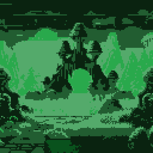 evil lair, eerie cave entrance with glowing, bioluminescent mushrooms lining the walls, casting an otherworldly light onto the rugged, moss-covered ground, creating a mysterious and enchanting pixel art background