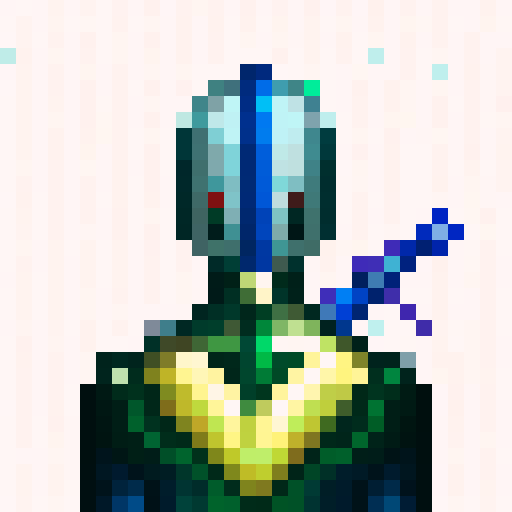 armoured warrior, futuristic pistol, vibrant colors, pixelated details, intense shading, dramatic lighting, heroic pose, fierce expression, metallic texture, intricate patterns