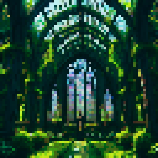 Gothic greenhouse with towering stained glass windows, intricate wrought iron framework, lush and overgrown with vibrant moss and ivy, bathed in ethereal pixelated light, evoking a sense of mystery and enchantment in the sRGB color palette