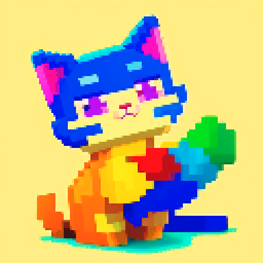 cute cat, vibrant colors, pixelated fur, playful expression, animated pose, retro video game vibes, 8-bit graphics, blocky pixels, sRGB color palette