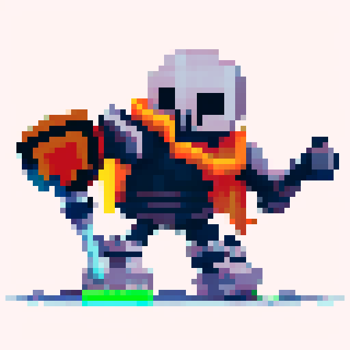 A skeleton knight with a neon green cape.
