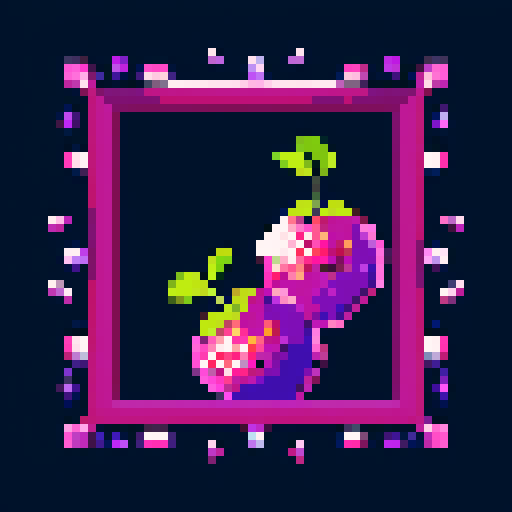 blueberry-made art frame, purple, pixelated fruits in vibrant colors, void inside, dark background, sRGB