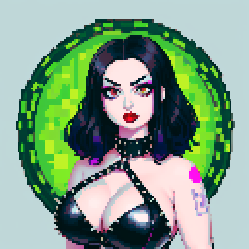 curvy, cute busty goth woman's face, whole head portrait, black hair, purple eyeshadow, red lipstick, low cut black studded leather halter top, studded collar, vibrant sRGB colors, edgy aesthetic.