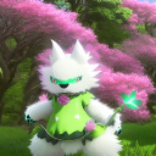 Ralsei, the fluffy, white-furred, horned creature, stands in a lush, green forest surrounded by vibrant, blooming flowers, holding a magical staff with a shimmering, star-shaped tip in classic anime style.