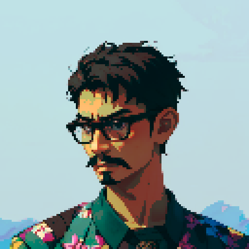 Southeast Asian man, short curly hair, round glasses, tanned, goatee, no mustache