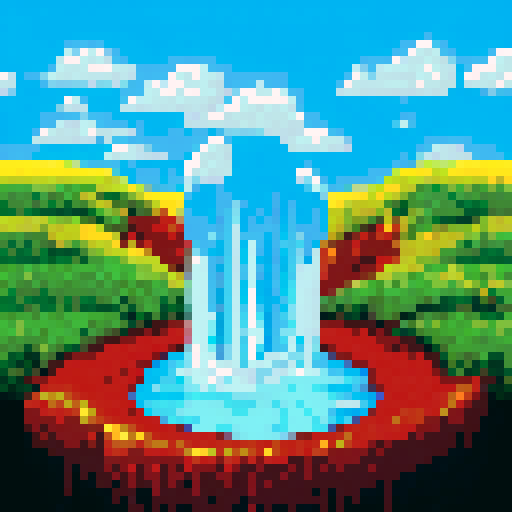 Foamy head, amber liquid, condensation droplets, label peeling off, nestled in a grassy field, surrounded by rolling hills, with a bright blue sky overhead, all in pixelated perfection