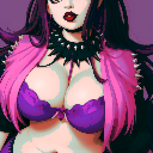 Plus size busty goth girl, with long purple hair, eyeliner, red lipstick. wearing a spiked collar. Posing for a portrait. vibrant sRGB colors, pixel art, edgy aesthetic