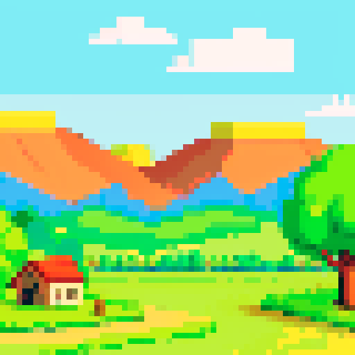 Grassy plain with village, bright sunlight, trees and mountains in background