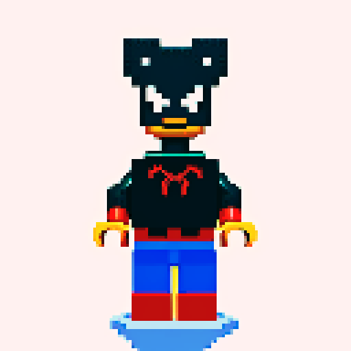 spiderman swinging through a pixelated cityscape, his Lego-like figure blending seamlessly into the vibrant, retro-inspired pixel art style of sRGB