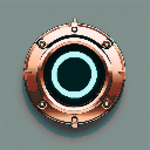 I want a horizontally wide circular copper attachment port. It should be viewed directly from the side. I want this object usable an asset in a videogame, meaning only one object per image, outlined with a strong black stroke, on a solid-color background. 