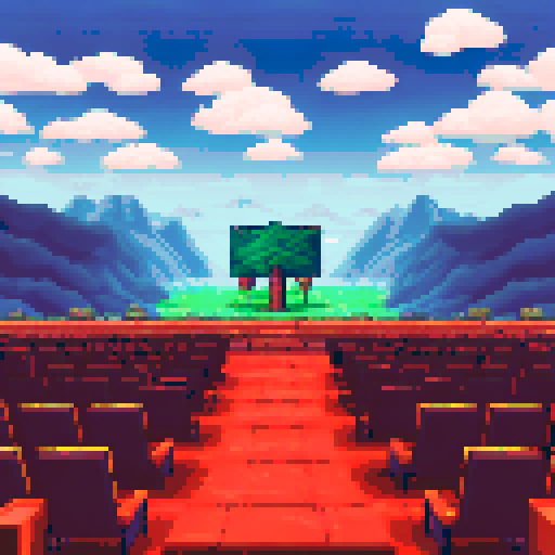 Cozy lecture hall with pixel art, sRGB, subtle colors, classy background, landscape