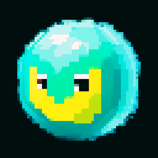 A sparkling, semi-transparent slime with a crystalline structure. It has shimmering facets, bright eyes, and a cheerful smile, with light reflecting inside. No background.
