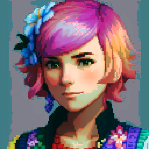 stardew valley inspired, female character, vibrant colors, pixelated style, rural farm setting, blooming flowers, vintage clothing