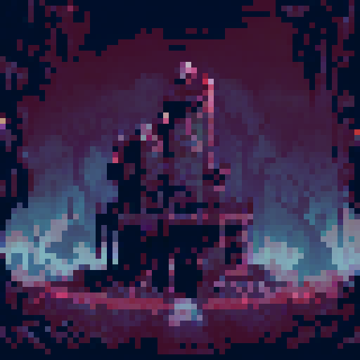 Abandoned, decaying indoor playground surrounded by ominous trees and overgrown vines, with rusted, toys scattered throughout the eerie landscape in a pixelated horror art style with darkness