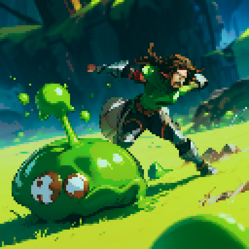 slime slamming into a hero, impact, splattering, full-body image, hero has brown hair and metal armor, slime is green