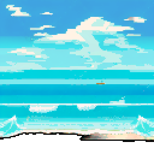 overhead view, vibrant beach, waves washing, sRGB, pixel art, background, landscape