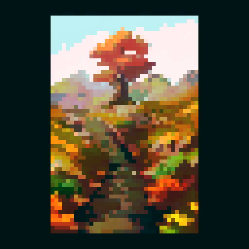 wooden sign, road expand into maple mountain. realistic sunrise casting light