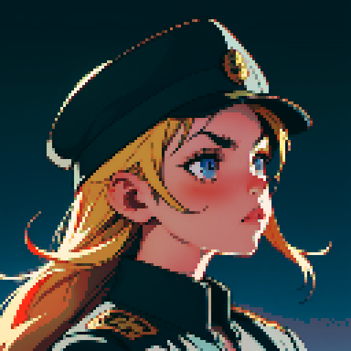 muscle girl, female, thick biceps, exaggerated proportions, black military uniform, black hat, military backdrop, sRGB, pixel art