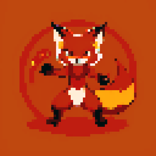 medium-sized, fierce-looking fox with flaming paws, vibrant red and orange fur, sharp claws, intense fiery eyes, dynamic posture, pixelated, 8-bit art style, detailed shading and highlights, sRGB color palette, Battle sprite, stage 2 evolution, pokemon
