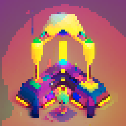 alien spaceship, triangular shape, top down view, vibrant colors, pixel art, glowing lights, metallic exterior, sleek design, futuristic aesthetic, retro-inspired, intricate details, geometric patterns, celestial background, otherworldly presence, sci-fi atmosphere