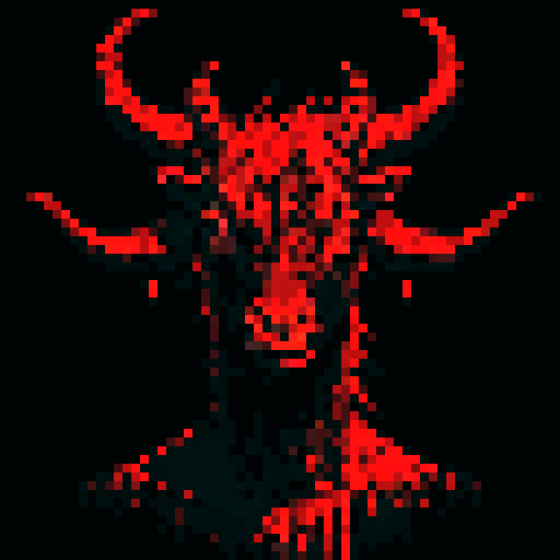 blood splatters, horned goat, dark shadows, gruesome violence, pixelated gore, vibrant red hues, intense contrast, jagged edges, macabre artistry, detailed dismemberment, visceral horror, pixelated blood, chilling brutality, sRGB color palette, hauntingly beautiful, gruesome pixel art