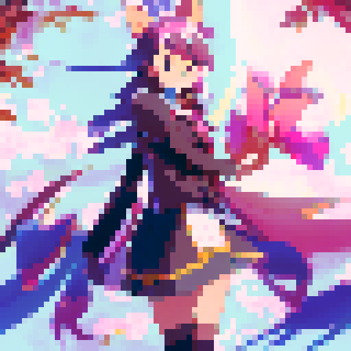 Spirit Blossom Ahri gracefully dances in a serene, mystical forest, surrounded by vividly colored cherry blossom petals and enchanted fireflies, her long flowing tails trailing behind her, all brought to life in a stunning anime style.