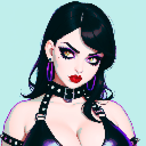 curvy, cute busty greaser goth girl's face, whole head portrait, black hair, purple eyeshadow, red lipstick, low cut black studded leather halter top, studded collar, game avatar portrait, vibrant sRGB colors