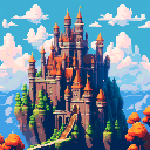 castle in the sky, majestic towers, floating in the clouds, vibrant colors, intricate details, magical atmosphere, whimsical architecture, pixelated charm, nostalgic vibes, ethereal beauty, dreamlike setting