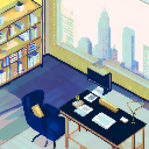 president office, elegant desk, leather chair, vintage typewriter, stack of official documents, golden pen, framed landscape painting, tall bookshelf, dimly lit desk lamp, large window with cityscape view, pixelated art