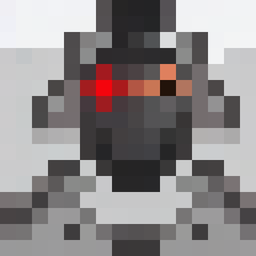 Hooded, scarred ninja with piercing eyes, gripping a bloodied katana, surrounded by swirling purple mist, in a dramatic pose