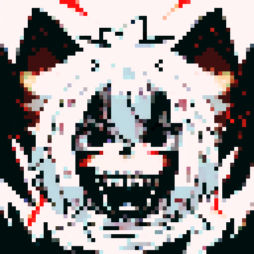 Demon, fiery red eyes, sharp fangs, dark horns, menacing grin, flowing black hair, intricate tattoos, intense gaze, close-up, anime style, pixel art