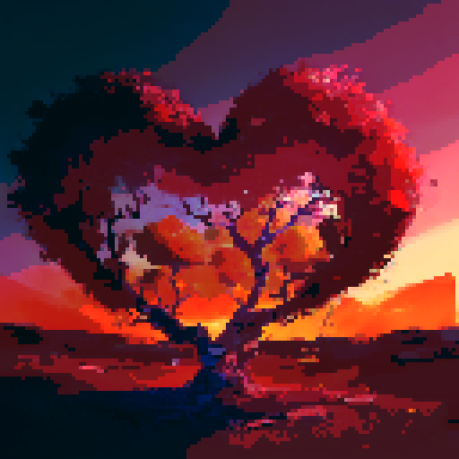 big heart-shaped tree in the foreground, vibrant sunset gradient in the background