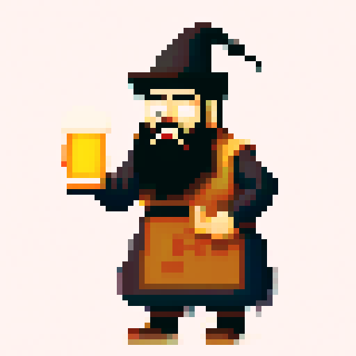 tall bearded man, big nose, wizard costume, frothy beer, pixel art