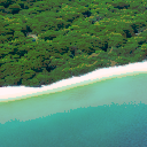 Breeze Bay Island is a small piece of land surrounded by clear ocean waters. It is shaped like a peninsula, framed by dense green trees, creating a dense forest cover.

The white sandy beach stretches along the coast, forming a natural promenade. The sand is soft and warm to the touch, inviting you to walk on it barefoot. In the distance, small dunes can be seen rising above the sandy coast.

The trees surrounding the islet create a dense green wall, behind which lush thickets of leaves and flow