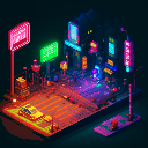 Isometric 2D cyberpunk street scene, vibrant neon lights, futuristic storefronts with glowing neon signs, reflective wet pavement, cybernetic-enhanced pedestrians, high-tech vehicles, mage girl floating in center, serene pose, fusion of mage robes and cyberpunk aesthetics with glowing runes, mystical aura amidst technology, focus on dynamic lighting and detailed environment