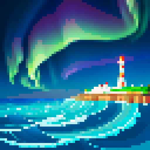 lighthouse, sea, aurora, vibrant colors, pixelated waves, glowing sky, geometric shapes, digital art, sRGB