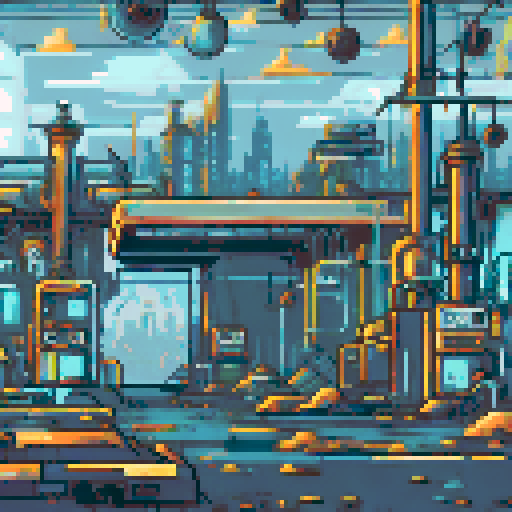 run-down, apocalyptic atmosphere, pixel art, inside of a Futuristic robot factory, sRGB, pixel art, background, landscape, dilapidated machinery, sparks flying, smog-filled air, towering metal structures, cracked concrete floors, flickering neon lights, rusted conveyor belts, broken windows, shattered glass, discarded robot parts, overgrown vines, eerie shadows, abandoned control panels