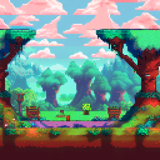 Cozy green clearing, majestic "Bone Castle", beautiful trees, vibrant flowers, sRGB pixel art, warm atmosphere, side view game, terraria style