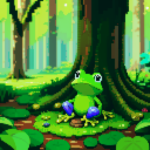 frog, vibrant green, sitting, moss-covered, forest floor, surrounded by towering trees, sunlight filtering through leaves, dappling the ground, pixel art, sRGB